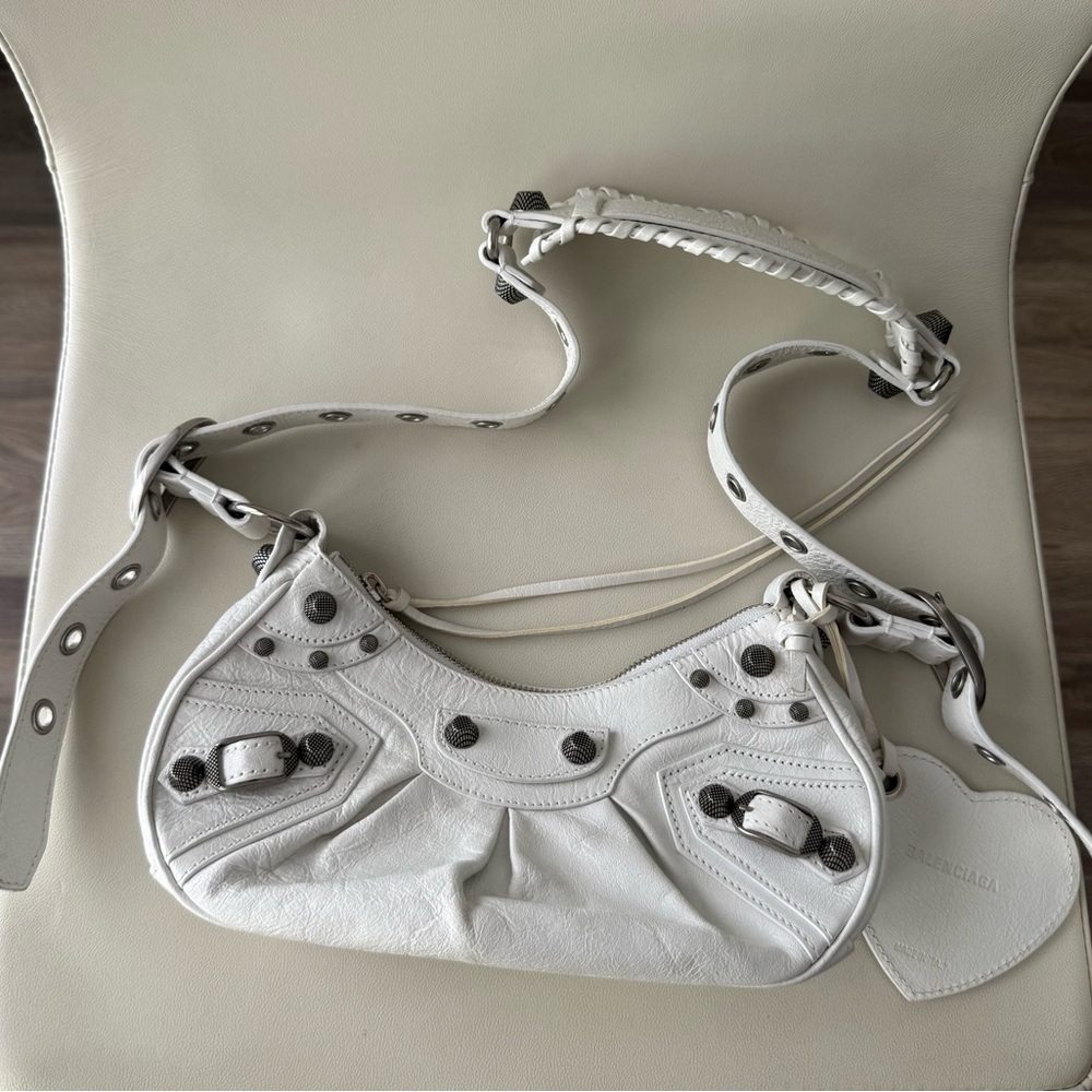 Balenciaga White Leather Crossbody with Heart Tag and Studs